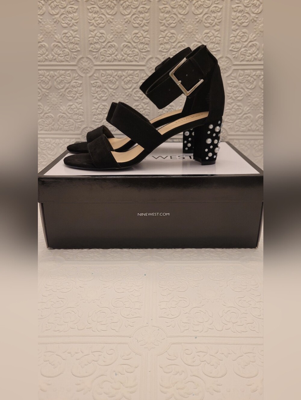 Nine West Black Suede Block Heel Sandals with Pearl Embellishments